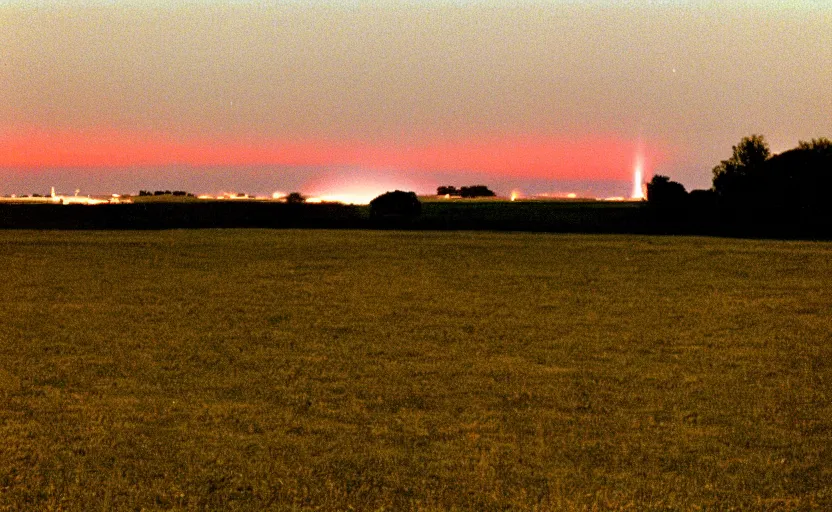 Image similar to red beam of light from lighthouse rotating over the field, night, unsettling, smoke and fire on the horizon, photo 1998