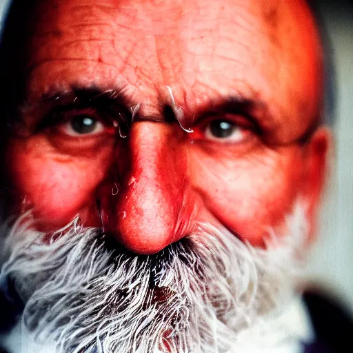 Image similar to a portrait photo close up of an italian catholic priest’s face in the style of annie leibovitz, 85mm f2 CINESTILL