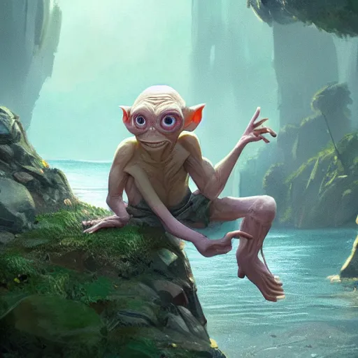 Image similar to a wholesome animation key shot of gollum, colorful, pixar and disney animation, sharp, very detailed, high resolution, key art by greg rutkowski, bloom, dramatic lighting