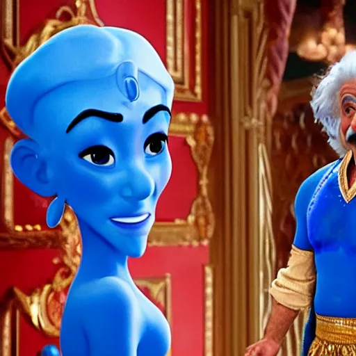 Image similar to albert einstein as genie with blue skin in the movie aladdin, movie still 8 k hdr atmospheric lighting