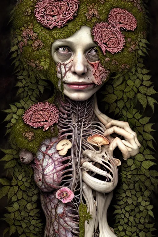 Image similar to very sad and detailed rotten woman corpse with fractal plants and fractal flowers and mushrooms growing around, face muscles, veins, arteries, intricate, ornate, surreal, ray caesar, john constable, guy denning, dan hillier