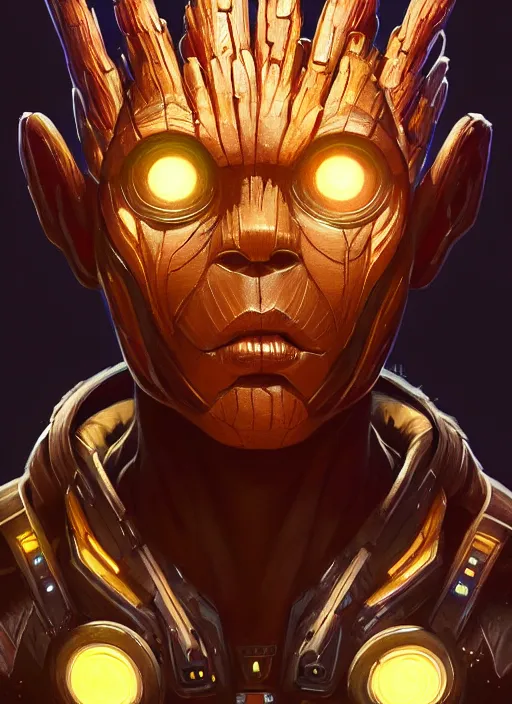 Image similar to portrait of apex legends groot, intricate, elegant, glowing lights, highly detailed, digital painting, artstation, glamor pose, concept art, smooth, sharp focus, illustration, art by artgerm and greg rutkowski, artey freytag