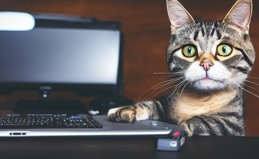 Image similar to a cat playing on a gaming computer, realistic, dark, rgb