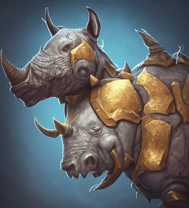 Image similar to “a well rendered anthropomorphic chibi sized rhinoceros portrait, front facing, facing the camera, world of Warcraft armor, subject in the center of the frame, rule of thirds, golden ratio, elegant, digital painting, octane 4k render, zbrush, hyperrealistic, artstation, concept art, smooth, sharp focus, illustration from World of Warcraft by Pixar and Disney and Justin Gerard”