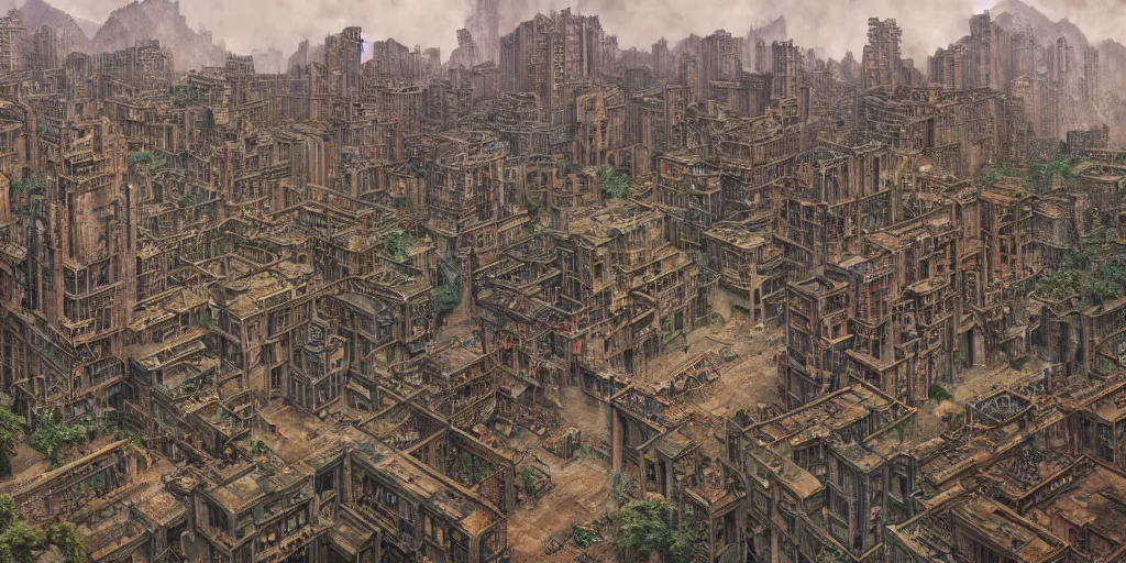 Prompt: a beautiful ultra detailed kowloon city castle concept art landscape, ultra detailed painting of brutalist citadel, urban anthill bursting with babel energy, by Edmund Dulac, BioWare and Frida Kahlo and Sir John Tenniel, and Raphael Lacoste, moebius, concept art wallpaper 4k, trending on artstation, concept art, cinematic, unreal engine, trending on behance