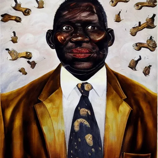 Image similar to a painting of a loving, caring fatherly wide forehead, aquiline nose, round face, XXL , generous, ever-present, humble, wise elder from Kenya in a suit by Wangechi Mutu . Fatherly/daddy, focused, loving, leader, relaxed. Gold background, heavenly lights, details, smooth, sharp focus, illustration, realistic, cinematic, artstation, award winning, rgb , unreal engine, octane render, cinematic light, macro, depth of field, blur, light and clouds, highly detailed epic cinematic concept art CG render made in Maya, Blender and Photoshop, octane render, excellent composition, dynamic dramatic cinematic lighting, aesthetic, very inspirational, arthouse.