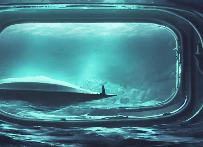 Prompt: interior of a deeply submerged submarine, centered wide framed window, view to the deep ocean amassed with a threateningly gargantuan [ leviathan devouring a nearby submarine ]!!, digital art, golden ratio!!, centered!!, trending on cgsociety, artstation, cinematic still, theatrical lighting