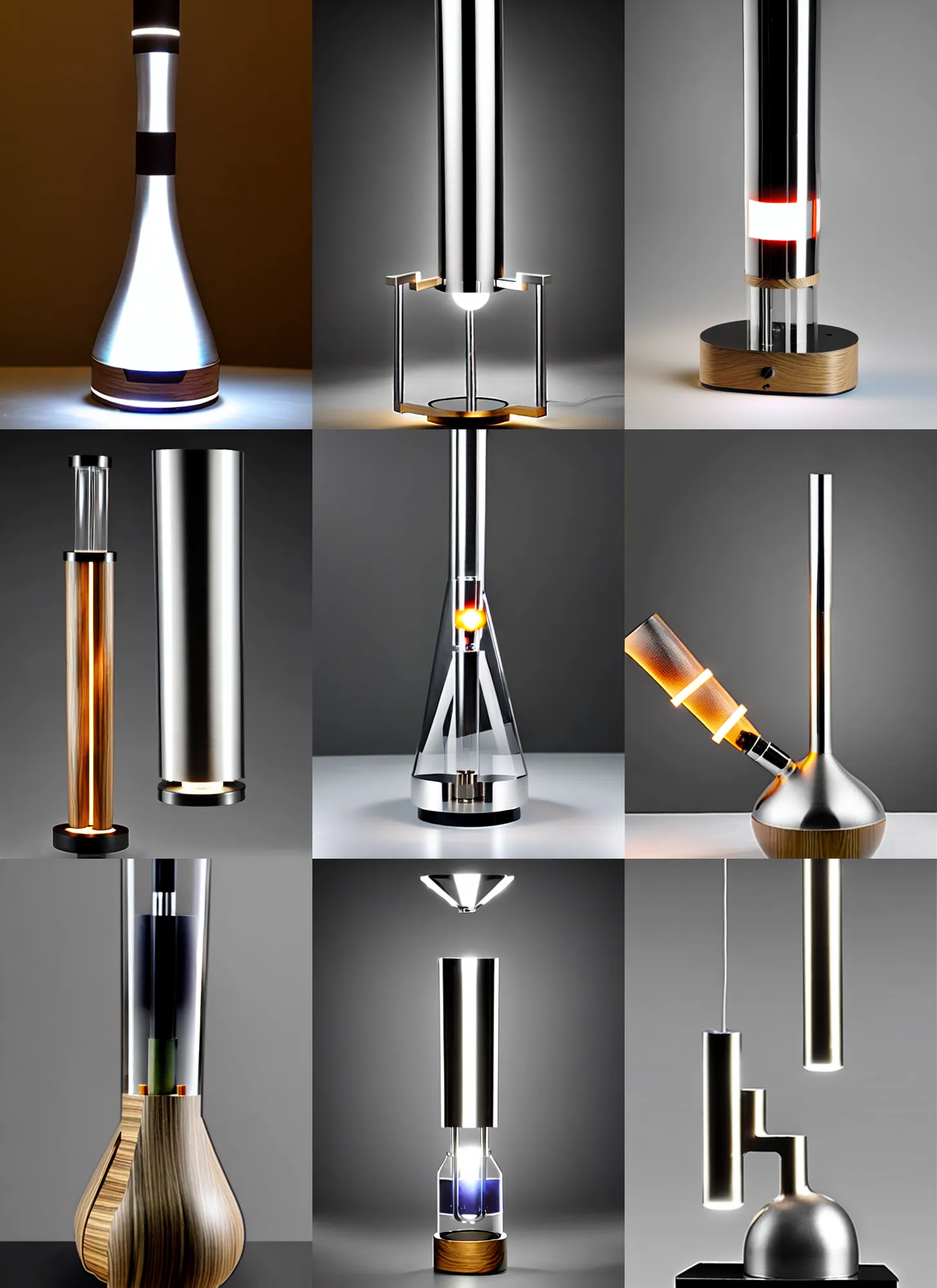 Prompt: a high - tech modern lustrous fashion smoking bong designed by modern architecture, oak, glass, brushed aluminum, tasteful oled strip accent lighting