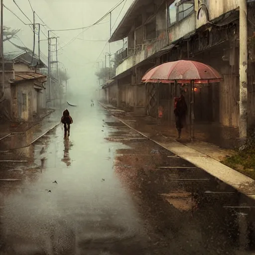 Image similar to walking around dilapidated ikeshima island, nagasaki, japan. volumetric lighting, rain, spring middag, dark overcast weather, realistic illustration, perfectly shaded, soft painting, art by krenz cushart and wenjun lin