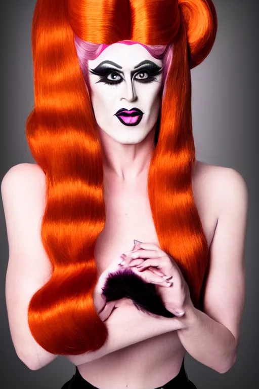 Image similar to 4k art deco portrait of a drag queen (man in drag with shocked surprised expression) wearing: heavy drag makeup, huge long auburn wig styled in oversized pigtails with big pink bows