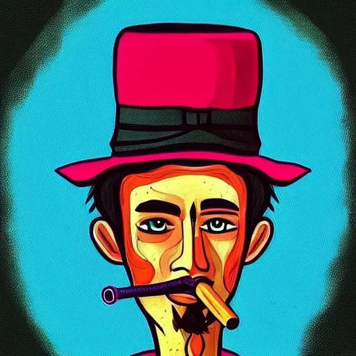 Image similar to a painting of a person with a hat and a pipe, digital art by Gabriel Ba, featured on instagram, psychedelic art, art on instagram, cosmic horror, psychedelic