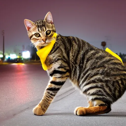 Prompt: a photo of a tabby cat riding a motorcycle, wearing a red helmet and a yellow scarf at night, 4k , highly detailed, award winning photo