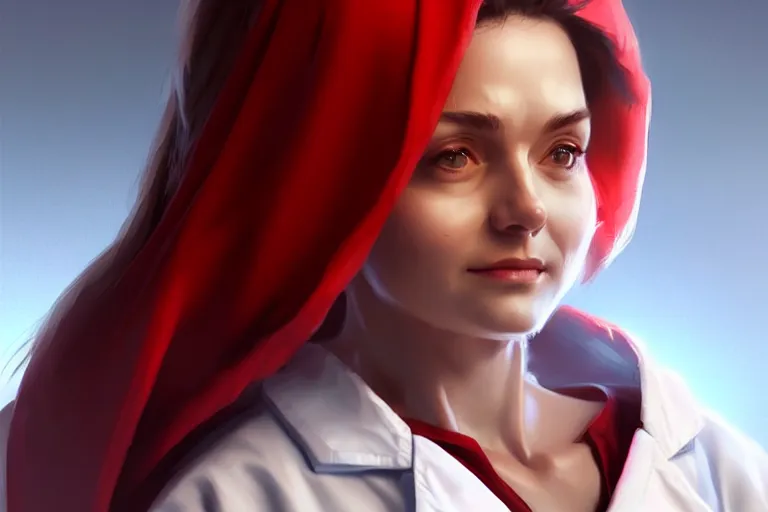 Image similar to a cute female doctor in a white coat, an old man with red t - shirt, cinematic, highly detailed, digital painting, artstation, concept art, matte, sharp focus, illustration, art by artgerm and greg rutkowski