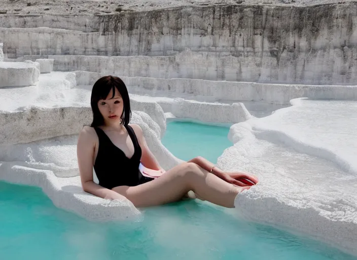 Image similar to Lee Jin-Eun hacking a laptop at Pamukkale, thermal waters flowing down white travertine terraces by Martine Johanna, rule of thirds, seductive look, beautiful, refined