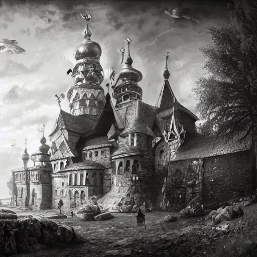 Image similar to photo beautiful magical ancient Slavic Russian city of Kitezh, black and white image, fisheye lens, painting by Viktor Vasnetsov, concept art, magical city, fantasy cityscape, ancient Slavs, wooden buildings, ancient Russian architecture, terem, hyperborea, top cinematic lighting , cinematic mood, very detailed, 8k, high resolution, trending on artstation, painting by Nicholas Roerich, artstationHD,