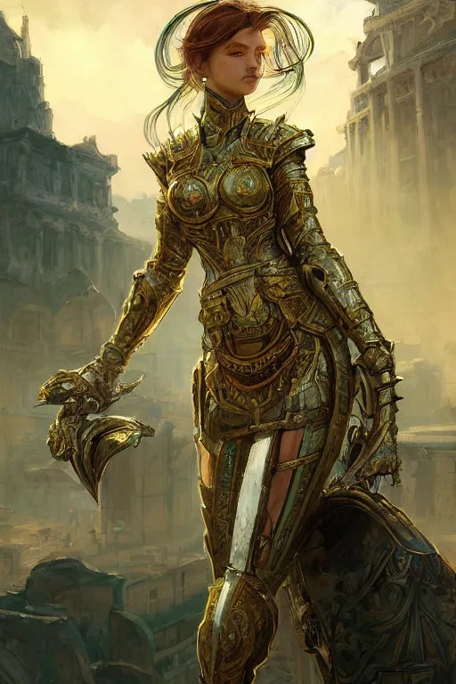 Image similar to portrait knights of Zodiac girl, metalic green and white reflected armor, in ruined Agora of Athens sunrise, ssci-fi, fantasy, intricate, very very beautiful, elegant, golden light, highly detailed, digital painting, artstation, concept art, smooth, sharp focus, illustration, art by tian zi and WLOP and alphonse mucha