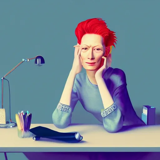 Prompt: cute young redhead tilda swinton sitting at her desk in bedroom, gaming pc, rgb led, soft face, dslr, wlop, ultra realistic, perfect lighting, high contrast, illustration, bokeh, sharp details, hasselblad, detailed, trending on artstation