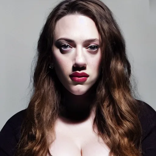 Image similar to a woman who is a genetic combination of kat dennings and scarlett johansson face and upper - body focus