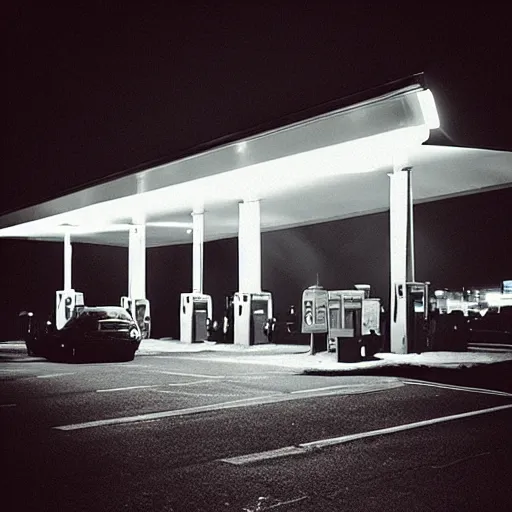 Image similar to “soviet gas station, fog, night, red lights, digital photography”