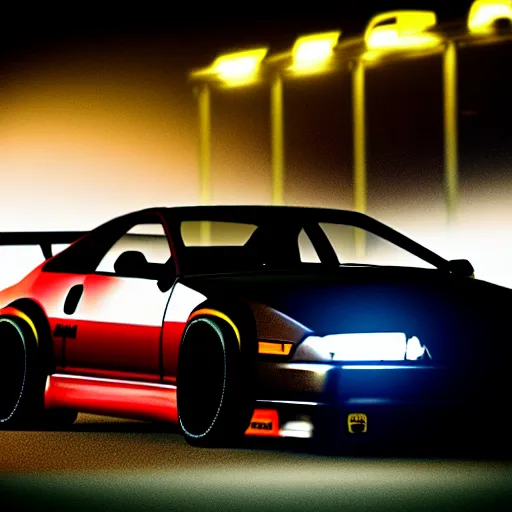 Image similar to a car 300ZX turbo drift at illegal car meet, Chiba prefecture, city midnight mist lights, cinematic lighting, photorealistic, highly detailed wheels, high detail