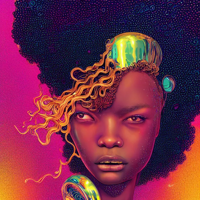 Image similar to ultra detailed illustration of a angry afro american girl covered in a sea of liquid chrome, metal material, lost in a dreamy orental realm by Victo Ngai, Andrew Thomas Huang, Ohrai Noriyoshi,, colorful, front view, synthwave, 8k, coherent, artgerm, uplifting, magical composition, artstation