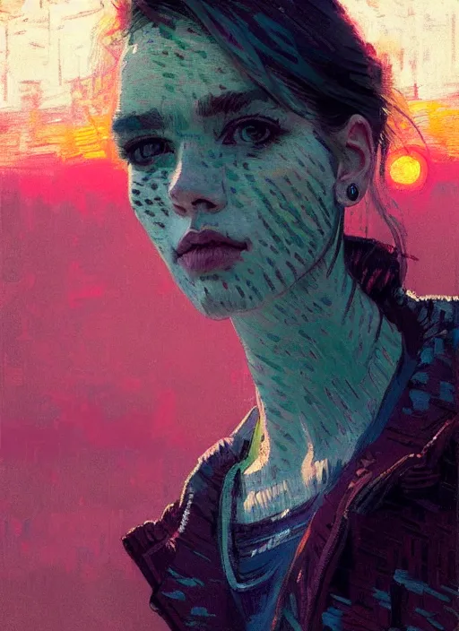 Image similar to portrait of a beautiful girl, new york backdrop, sad, sunset shades, beautiful face, rule of thirds, intricate outfit, spotlight, by greg rutkowski, by jeremy mann, by francoise nielly, by van gogh, digital painting