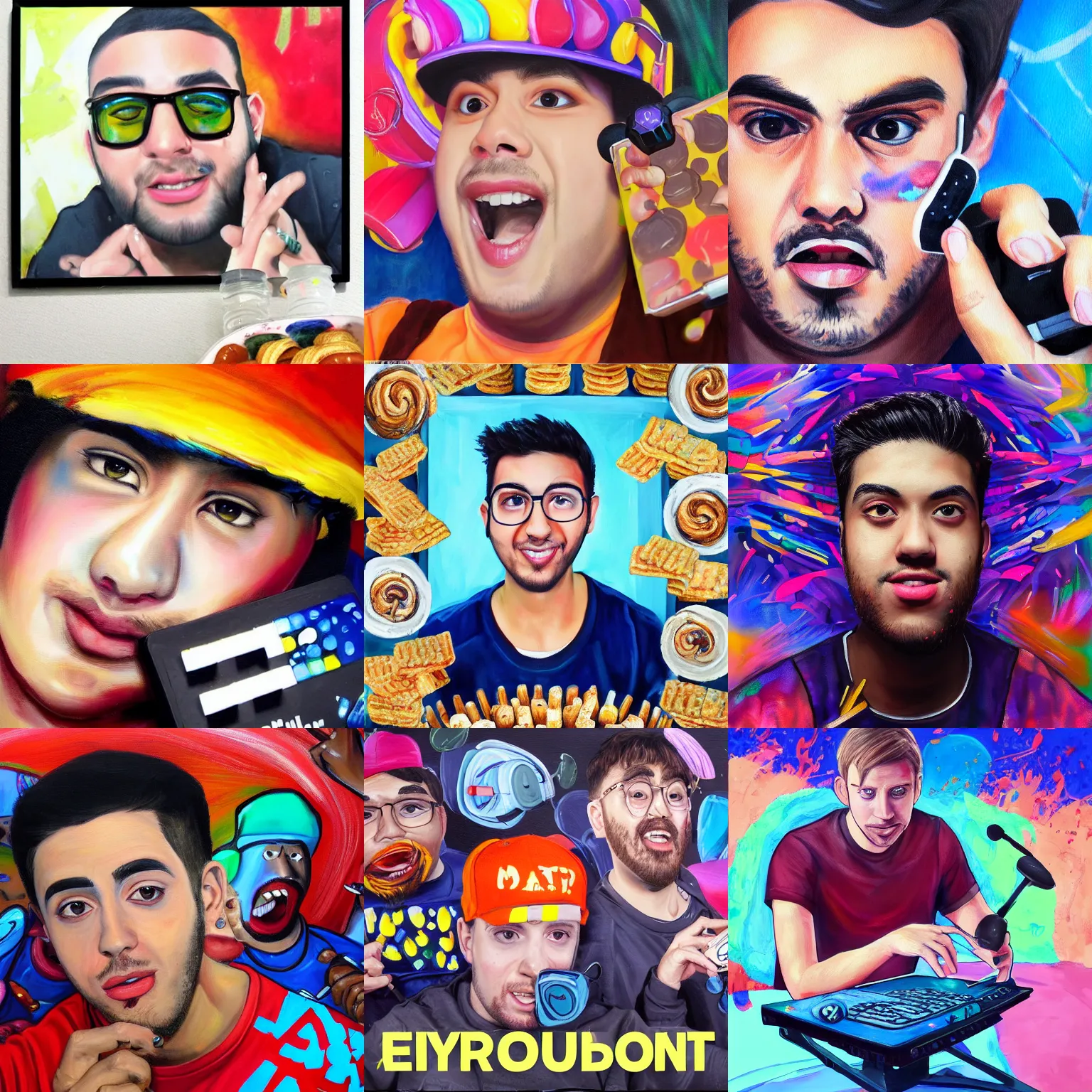 Prompt: a beautiful painting of a YouTuber thumbnail on your recommended list, by Moebis, hyperrealistic, 8k, delicious, snacks, gaming, cooking, pranks, memes, jokes, dad jokes, rap battles, smack competitions, e-sports
