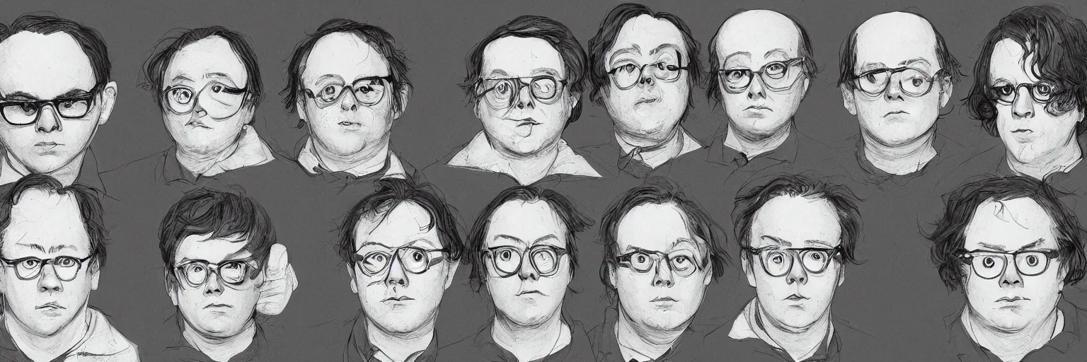 Image similar to character study of todd solondz and philip seymour hoffman and paul dano, 2 0 2 2, clear faces, emotional, character sheet, fine details, concept design, contrast, kim jung gi, pixar and da vinci, trending on artstation, 8 k, full body and head, turnaround, front view, back view, ultra wide angle