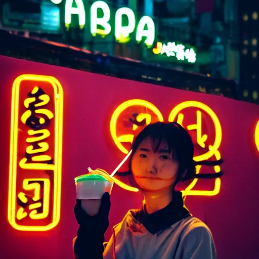 Prompt: capybara drinking bubble tea in cyberpunk, neon, pink and cyan seoul, detailed, street photography