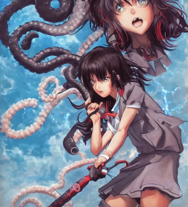 Prompt: hd official art portrait of a cute young schoolgirl fighting tentacle monster demons downtown in ishikawa ken miura kentaro gantz devilman frank miller jim lee alex ross style detailed trending award winning on flickr pixiv artstation