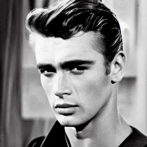 Prompt: genetic combination of james dean, elvis presley, sean connery, and ted cassidy. handsome man, prominent cheekbones, deep dimples, strong jaw, striking features. face and shoulders focus.
