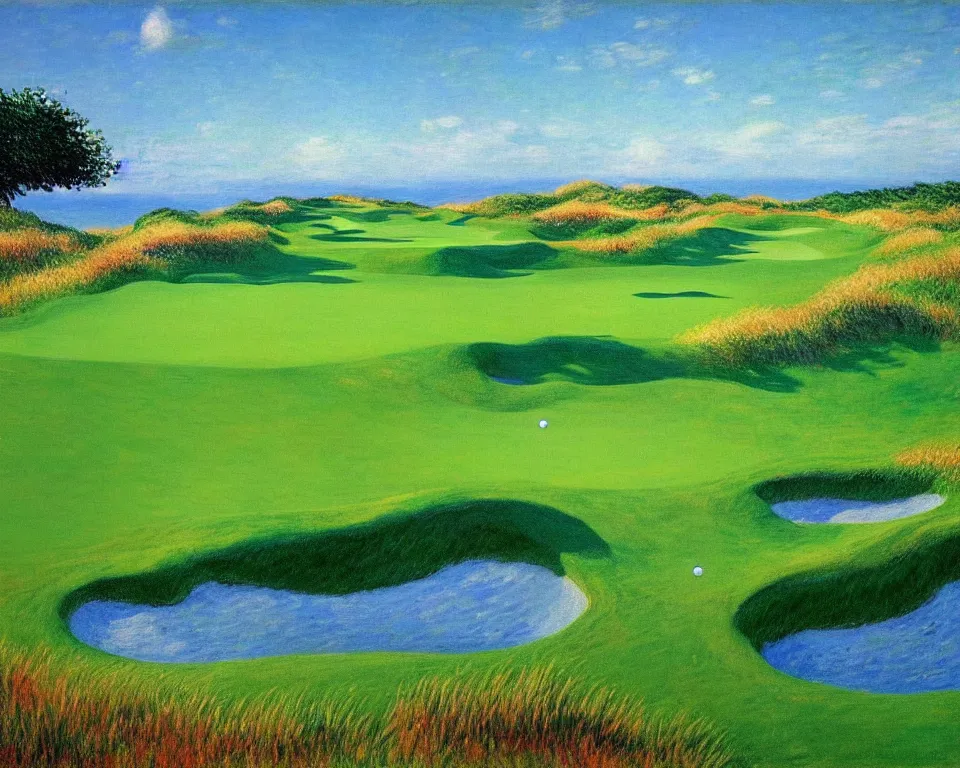 Prompt: achingly beautiful painting of pacific dunes golf course by rene magritte, monet, and turner.