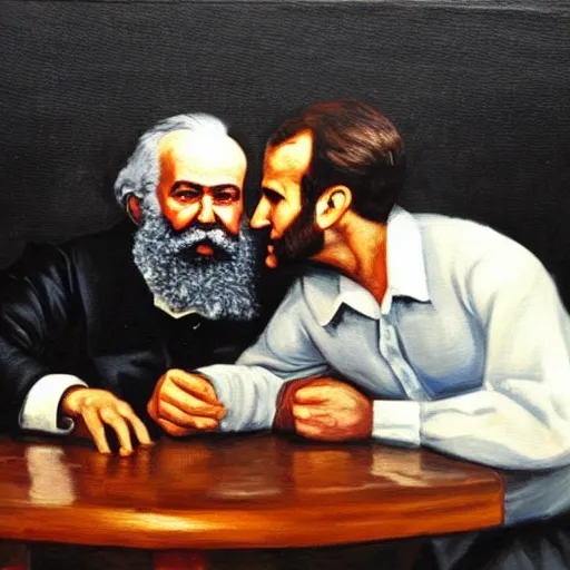 Image similar to oil painting of karl marx and emmanuel macron arm wrestling