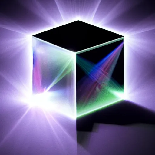 Image similar to 3 d render of an ultrarealistic photograph of a very clear and crystal cube with a high - powered laser shooting light into the cube and dispersing full spectrum rainbow light beautifully into onto the surrounding surfaces, light dispersion, light effects, 3 d render, octane render, luxcore render, visual caustics, light dispersion, 8 k