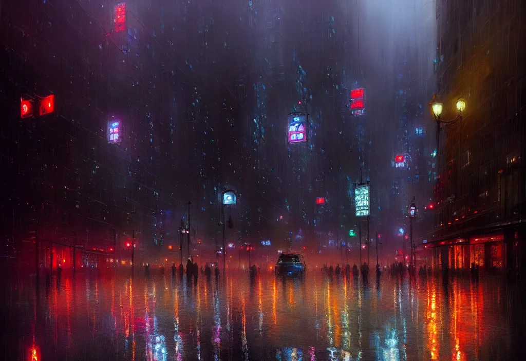 Image similar to top digital painting of rainy downtown toronto at night. intense colourful foggy atmosphere and intricate reflective complex tall buildings. thorough details, intricate, artstation, atmosphere, highly detailed, craig mullins, james jean, digital painting, deviantart, cinematic lighting, busy!!!