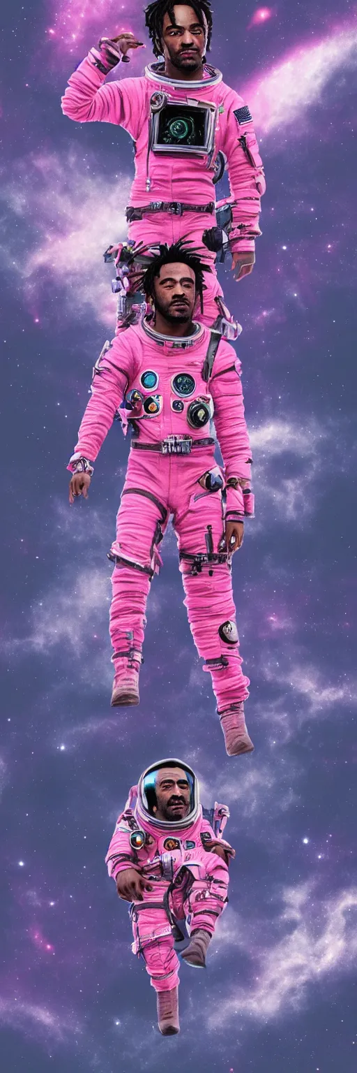 Image similar to Cinematic full body portrait of Lil Uzi Vert wearing a pink spacesuit, cinematic photograph, matte painting, trending on artstation, space clouds art