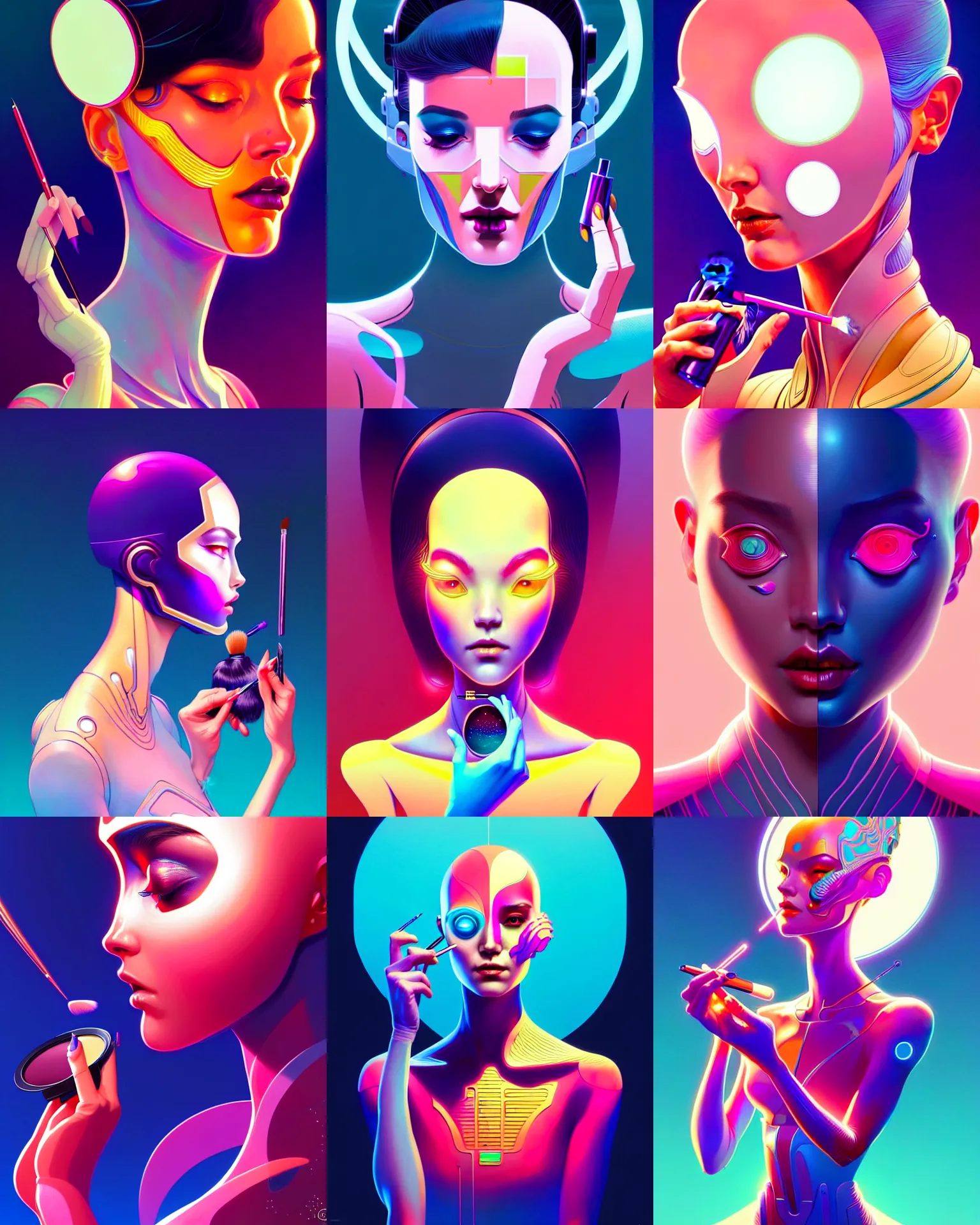 Prompt: ultra detailed, beautiful female android applying makeup. scifi, fantasy, global illumination, vector art, matte painting, concept art. by james jean and moebius and artgerm and liam brazier and victo ngai and tristan eaton.