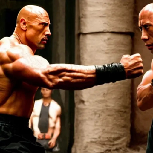 Image similar to film still of dwayne johnson as ip man, pose wing chun style