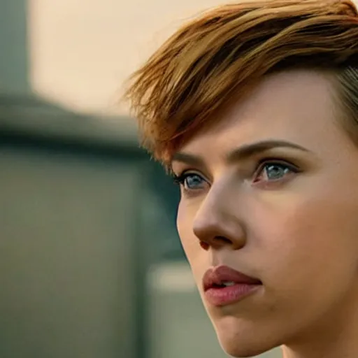 Image similar to a medium - shot of scarlett johansson looking into the distance, beautiful light failling on her face, chin - length bob with bangs hairstyle, in the style of the ghost in the shell, by annie leibowitz