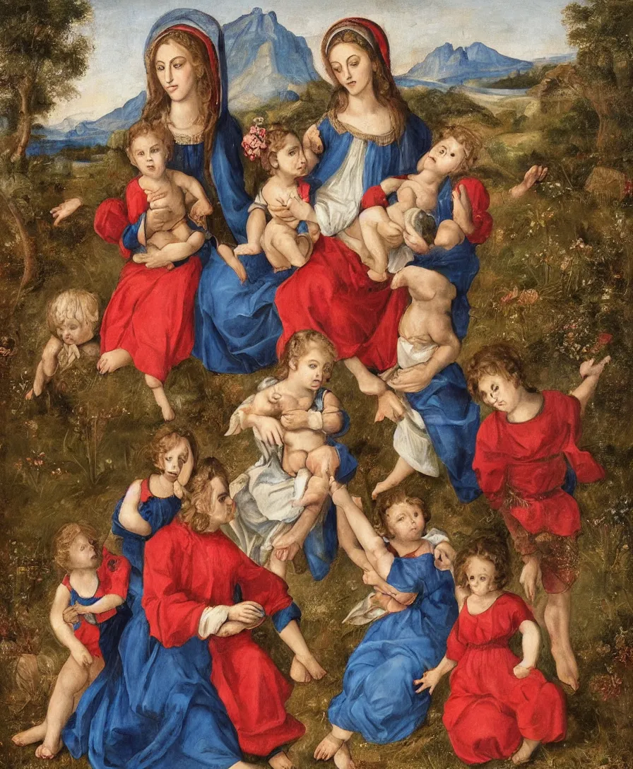 Prompt: Intricate Portrait of Madonna with blue skirt and a red shirt and two boys playing in the style of Raffael. The boys are very small and only clothed with blue linen. They are sitting in a dried out meadow. One boy is playing with a cross. She is holding the other one back. In the background, there is a lake with a town and mountains. Flat perspective.