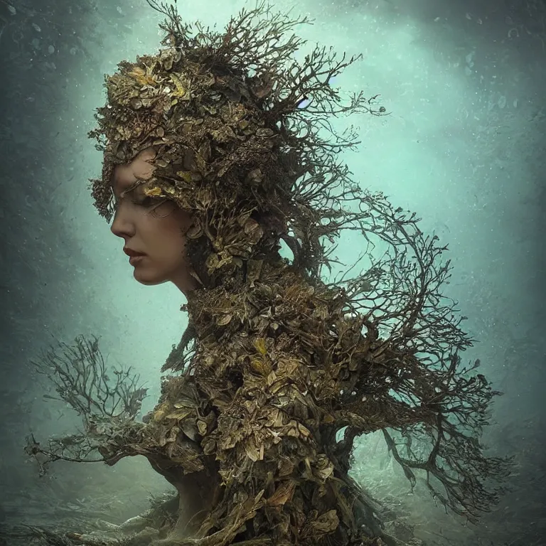 Image similar to dusty, underwater,!! bokeh, old tintype, realistic armoured tree made of leaves, dramatic light, dystopian environment, intricate, elegant, highly detailed, headdress, artstation, sharp focus, artgerm, tomasz alen kopera, peter mohrbacher, donato giancola, boris vallejo, frank frazetta