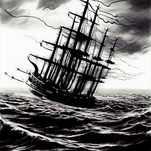 Image similar to a highly detailed hyperrealistic scene of a ship being attacked by giant squid tentacles, jellyfish, squid attack, dark, voluminous clouds, thunder, stormy seas, pirate ship, dark, high contrast, yoji shinkawa, scary, m.c. Escher, highly detailed, brutal, beautiful, octopus arms attacking the ship from the storm, illusion, artgerm