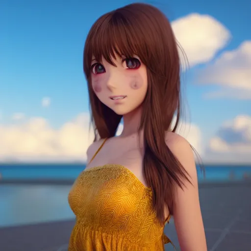 Image similar to Render of a very beautiful 3d anime girl, long hair, hazel eyes, cute freckles, full round face, short smile, cute sundress, golden hour, serene beach setting, medium shot, mid-shot, highly detailed, trending on Artstation, Unreal Engine 4k