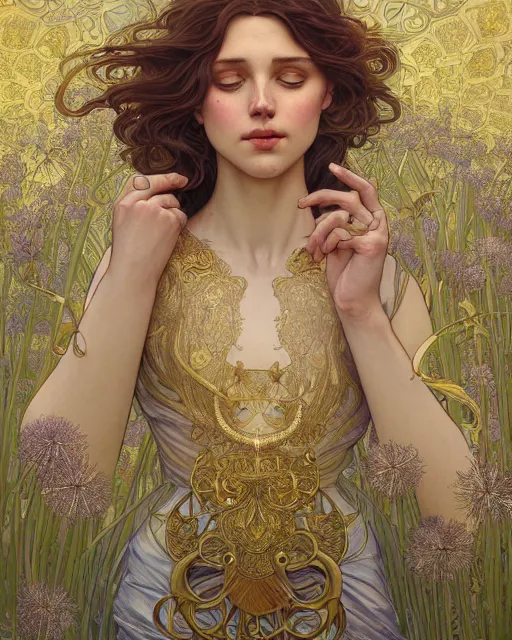 Image similar to dandelion | highly detailed | very intricate | art nouveau | gold filigree | storybook illustration | soft cinematic lighting | award - winning | painted by mandy jurgens and alphonse mucha and alena aenami | pastel color palette | featured on artstation