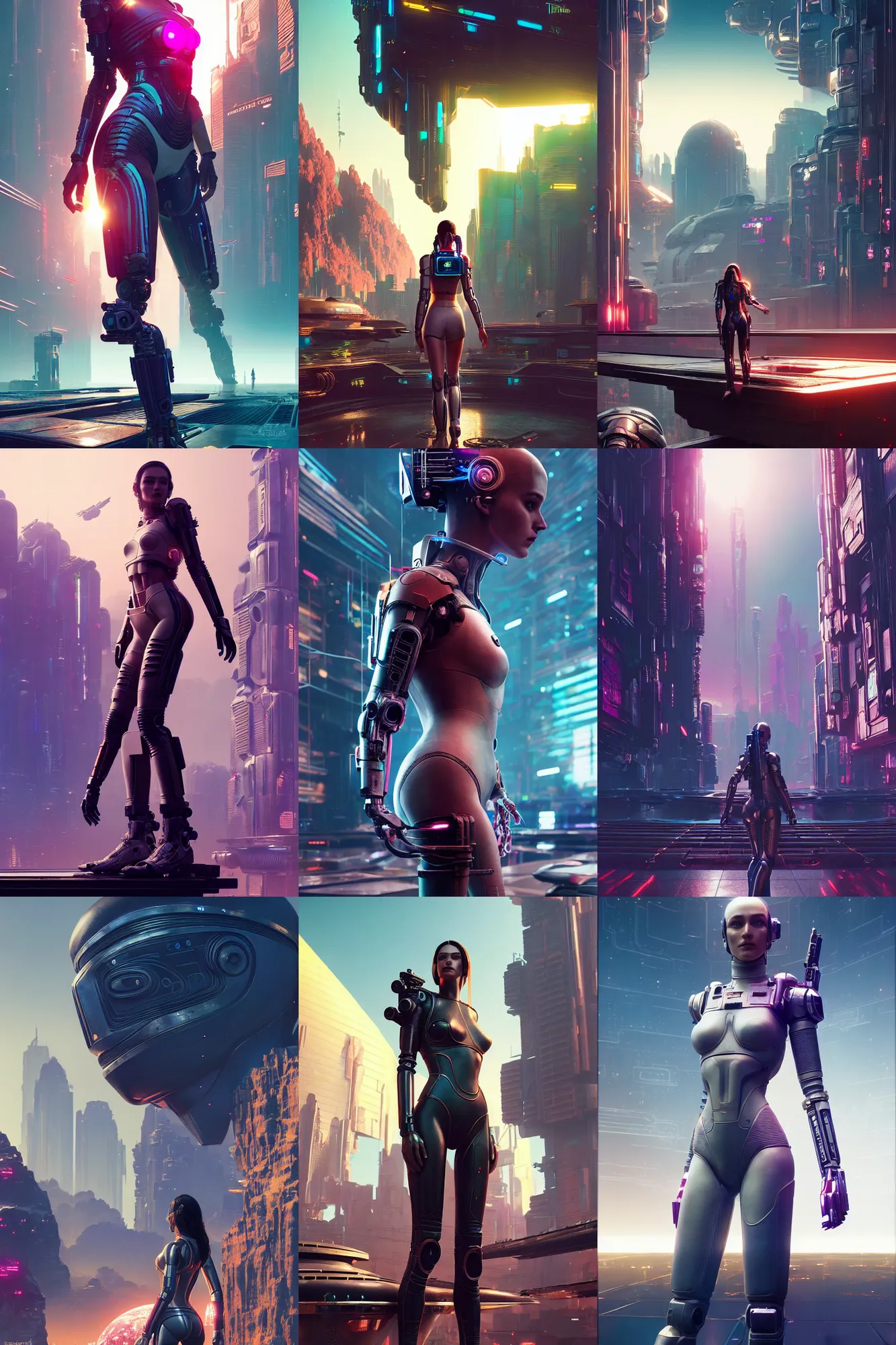 Prompt: wanderer, beautiful female android!, intricate detailed environment, photorealistic!, octane render, mechanical, concept art, cinematic lighting, digital art, interstellar, hyper realism, sharp, cyberpunk 2 0 7 7, 8 k. by angus mckie, moebius, maciej kuciara, stanley lau, artgerm