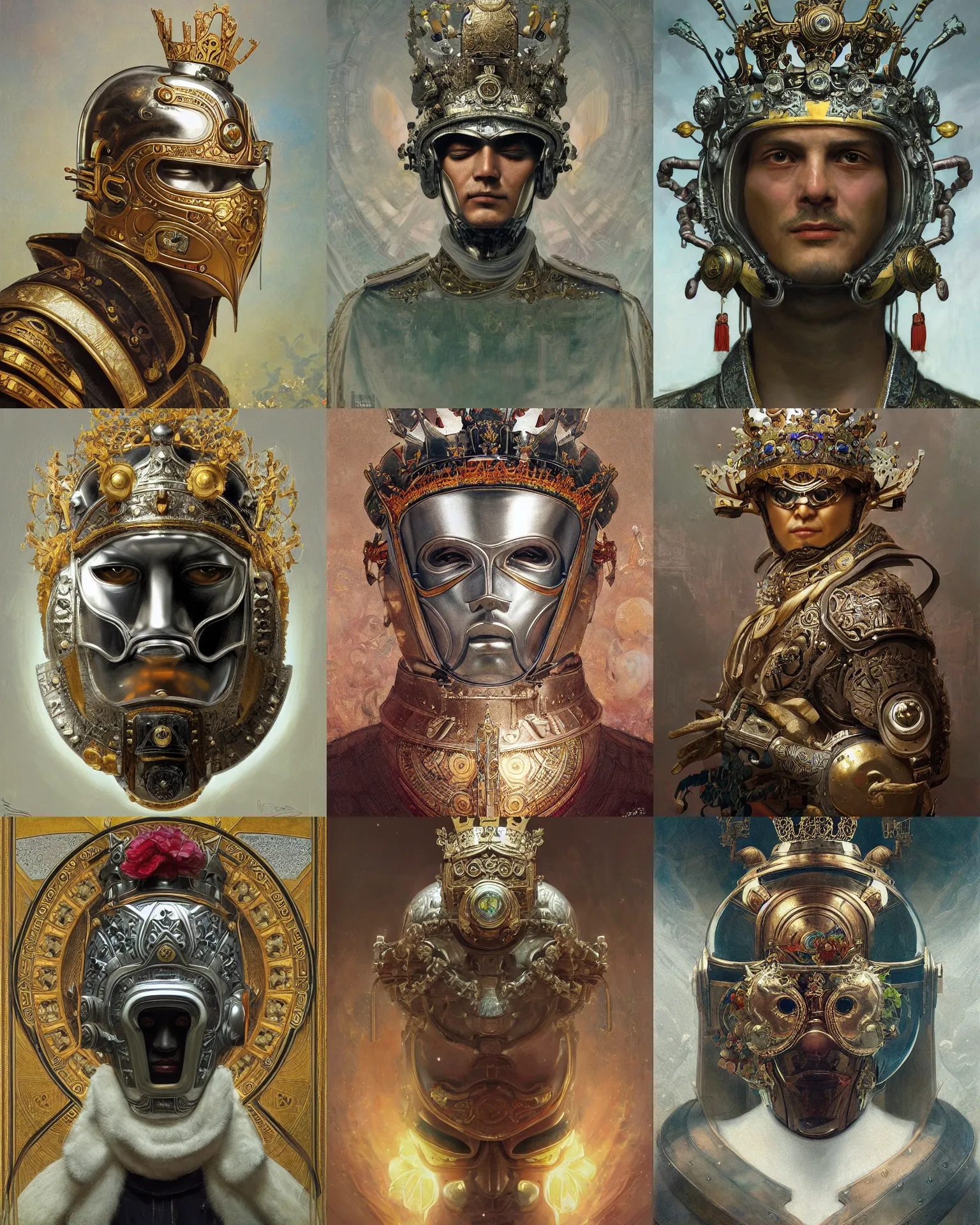 Prompt: portrait of a emperor, full mask mechanical helmet, he wears a crown of silver and jade, he resides in a glittering palace, flowers, painting by artgerm and by greg rutkowski and mucha