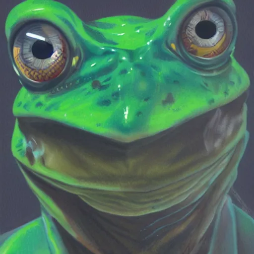 Prompt: close portrait of green frog bright colors, retrofuturism, apocalypse, concept art, trending on artstation