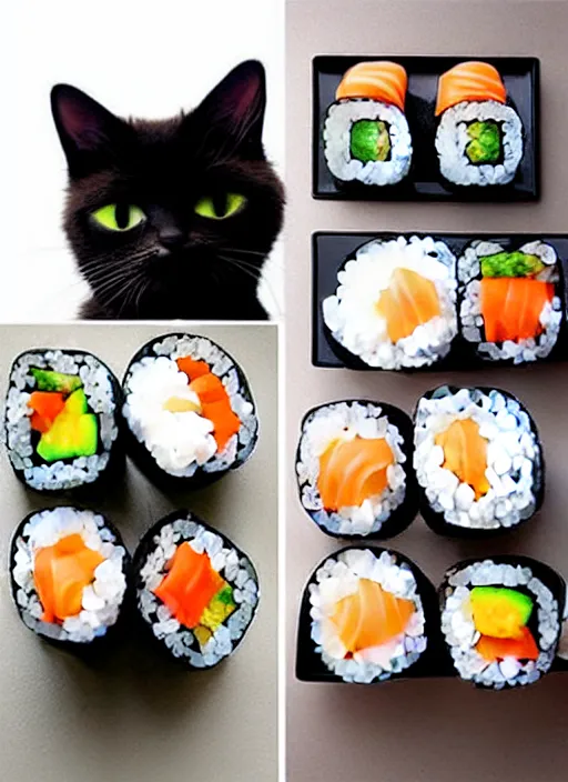 Image similar to clear photorealistic picture of adorable cats made out of sushi