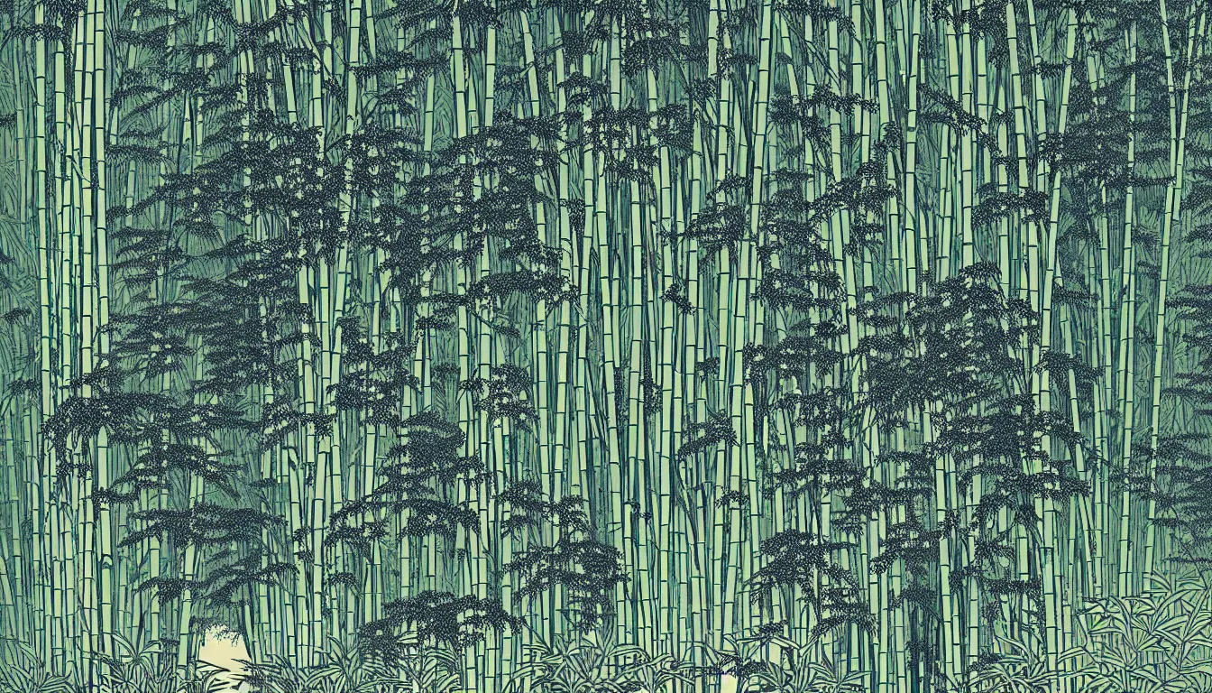Image similar to bamboo grove with large ferns by woodblock print, nicolas delort, moebius, victo ngai, josan gonzalez, kilian eng