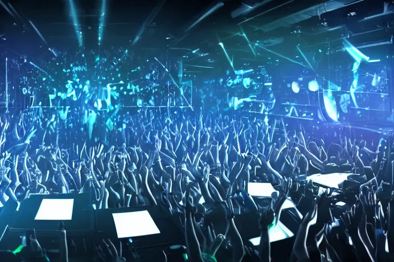 Prompt: dj on stage spinning records with headphones looking over crowd partying with their hands up at a club, volumetric lighting, haze, moving heads light beams, spot lights, disco ball, silhouette, digital art, trending on artstation, 4k, unreal engine, intricate, ornate